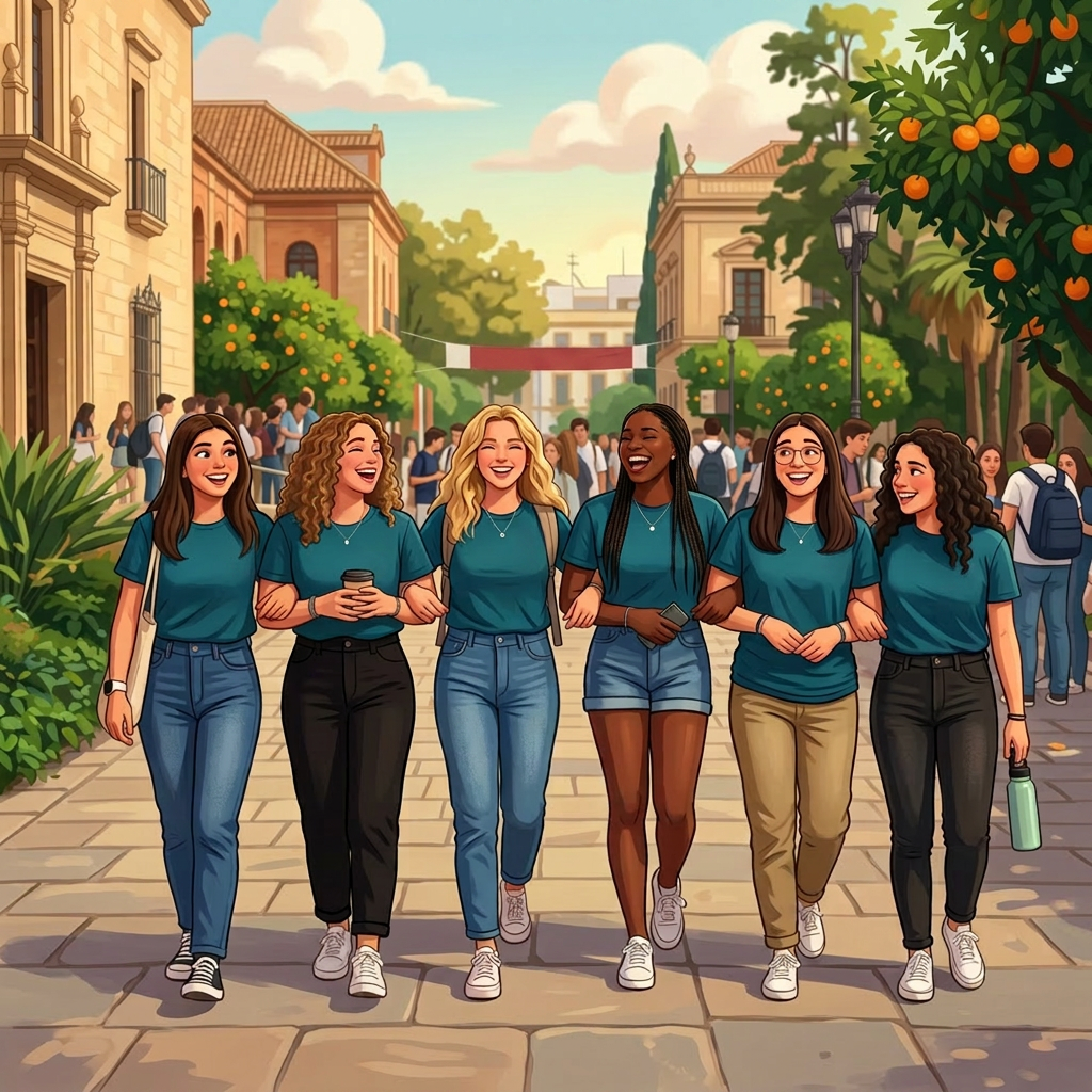 Current image: Six diverse female students walking together on university campus wearing matching blue t-shirts