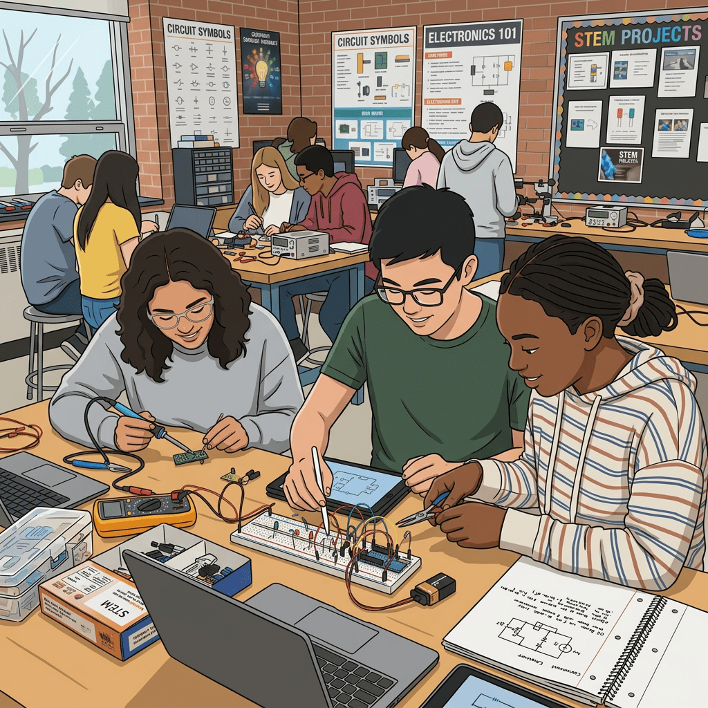 Three high school students working together on an electronics circuit project with laptops and components